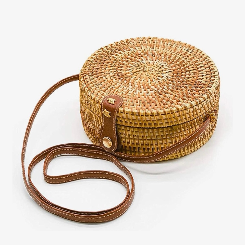 Round Woven Straw Bag with Brown Leather Strap